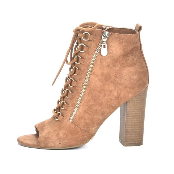 Guess GBG Brown Ankle Boot Bootie Tie Up side Zip Block Heel Peep Toe Sz 8 - Picture 1 of 7